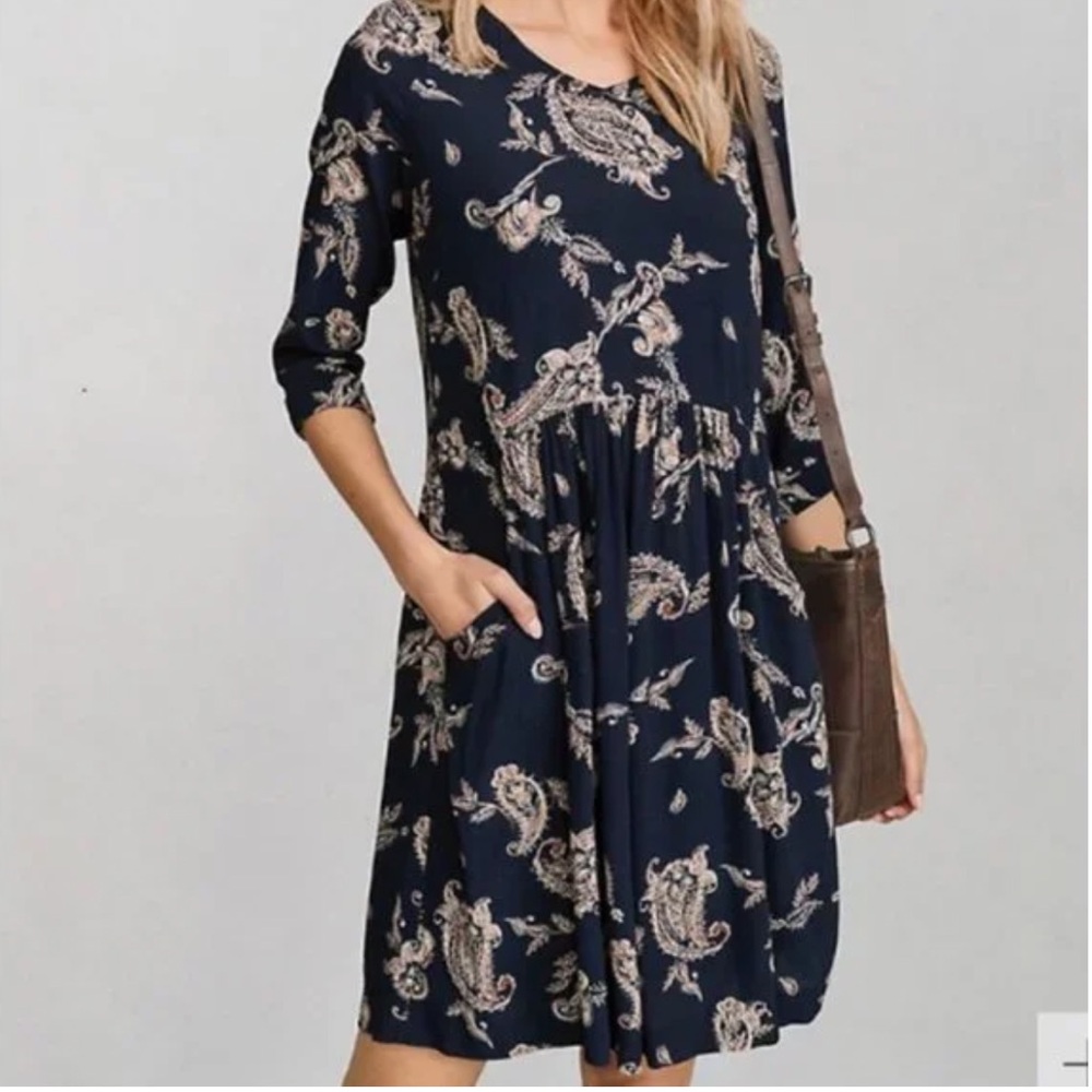 Garnet Hill Paisley Midi Dress Navy Beige Roll Sleeves Boho Flowy Women’s Sz 8